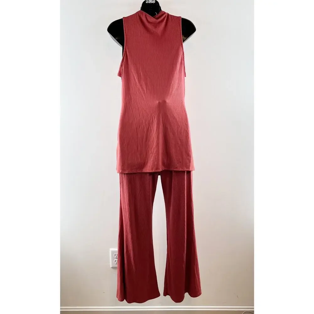 En Elly Anthropologie 2 Piece Ribbed High Neck Top & Flare Pants Red Medium - Picture 5 of 10